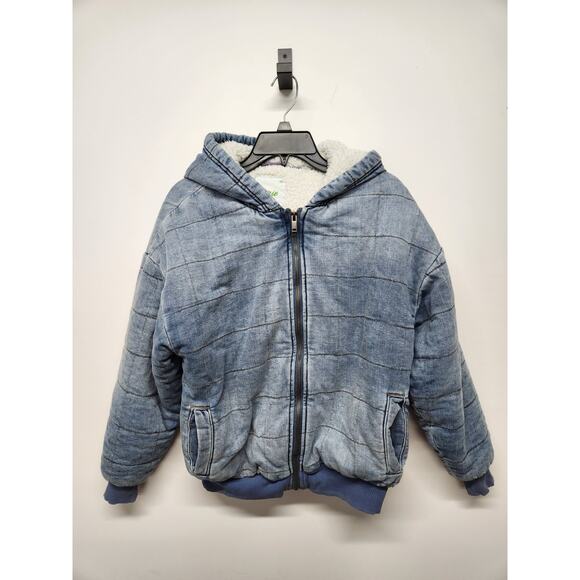 NWT Aerie Women's Sherpa Lined Blue Denim Quilted Full Zip Hooded Jacket, Sz Sm - Picture 1 of 12